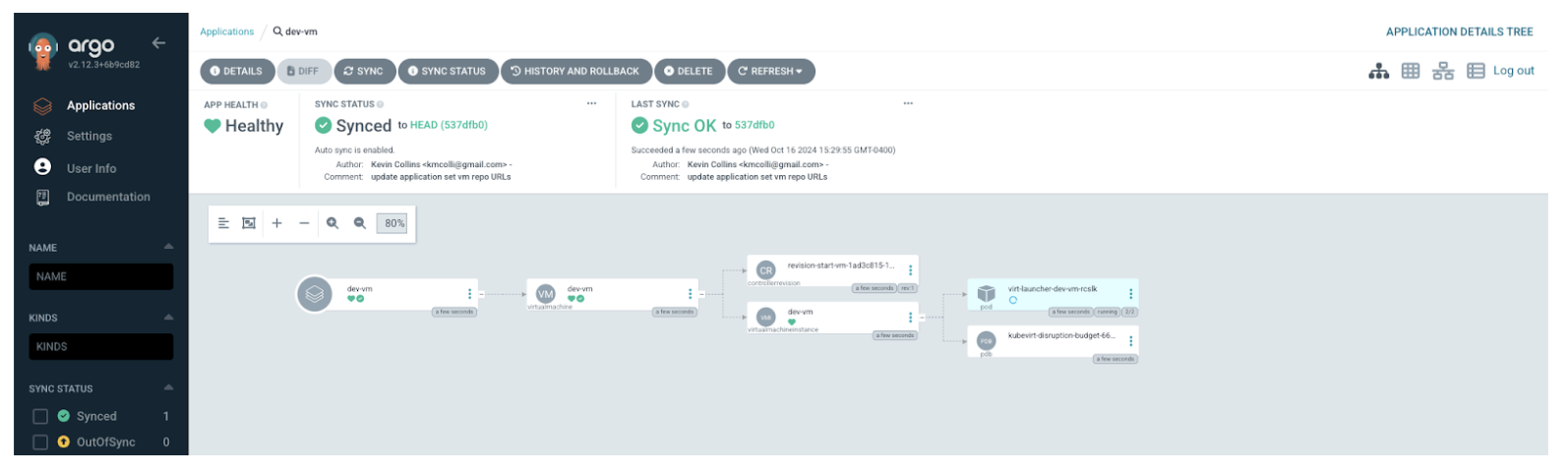 View of the dev-vm application in the GitOps console